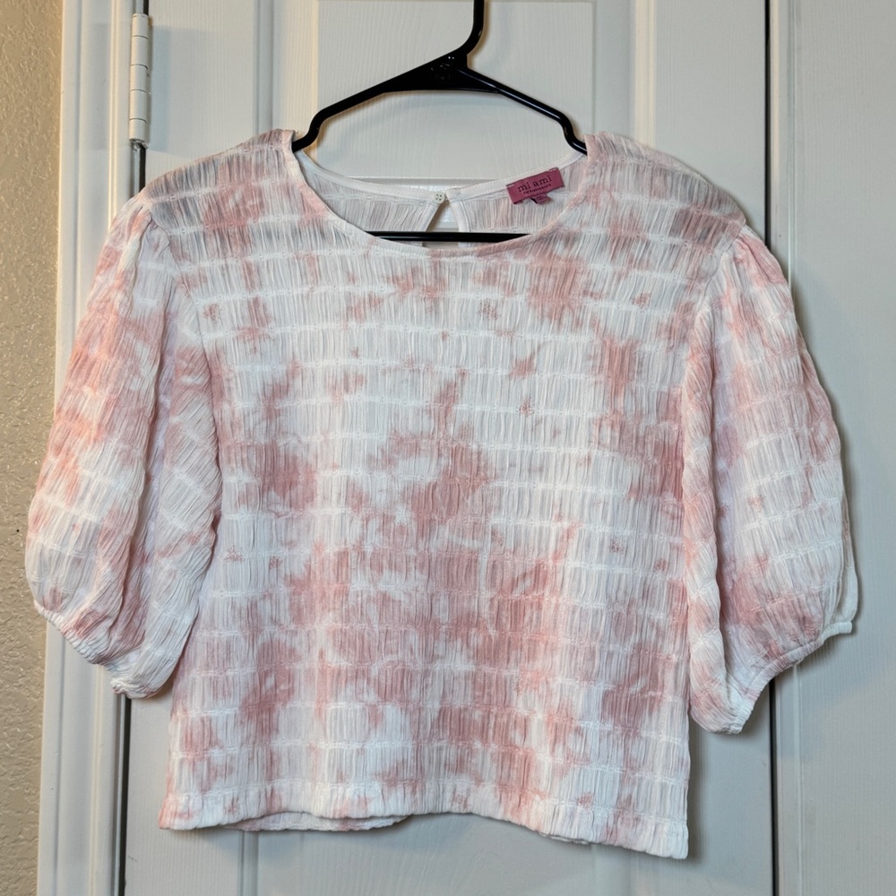 Miami for Francescas Pink & White Crinkle‎ Puckered Tie Dye Crop Top, Size M